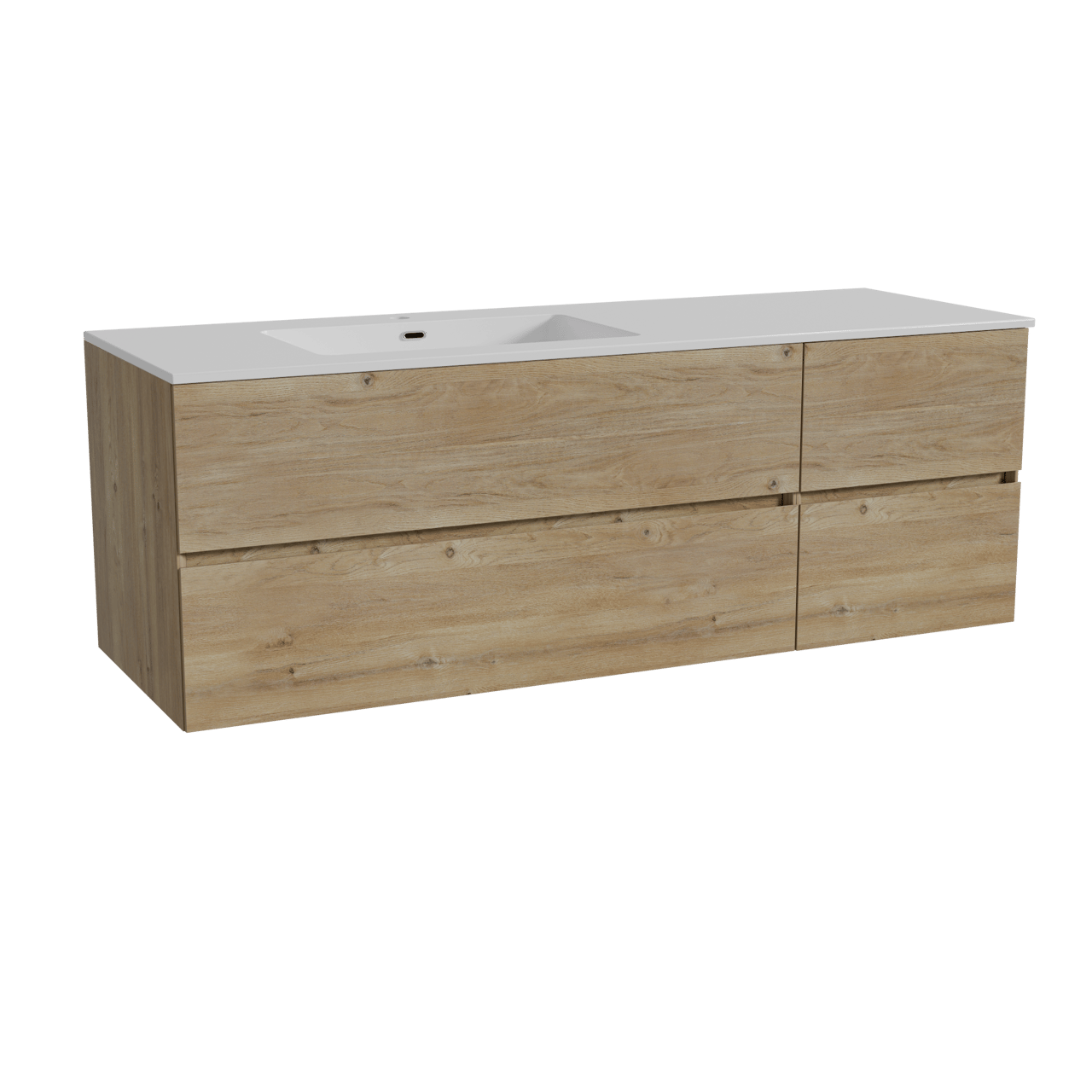 Storke Edge hängendes Möbelstück Set: 150 x 52 cm, Rohe Eiche, mit Diva Waschtisch links, Marmorkomposit Weiß glänzend