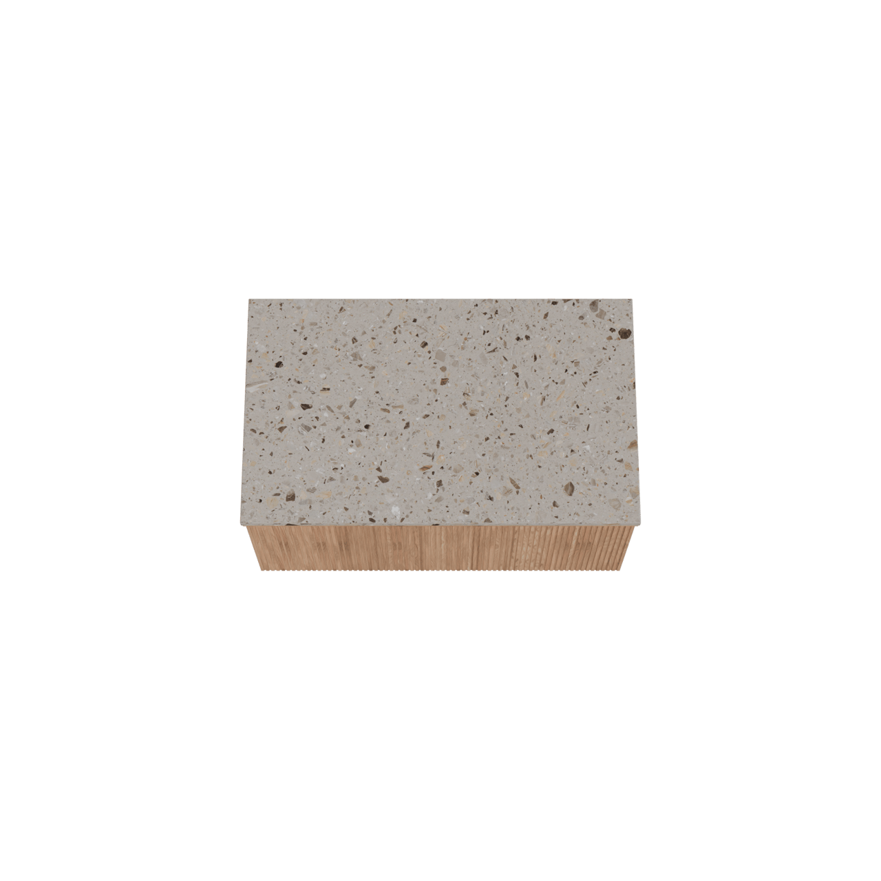 Balmani Forma hängendes Möbelstück Set: 90 x 55 cm, Teak, mit Stretto Einzel Waschtischplatte, Terrazzo in Greige, Vertikale symmetrische gerade Rippe