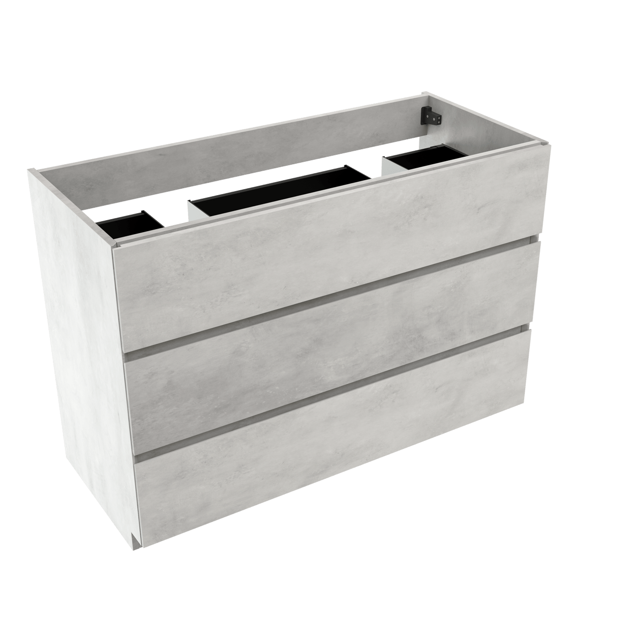 Storke Edge stehender Waschbeckenunterschrank: 120 x 52 cm, Beton silbergrau, 3 Schubladen, 2 Siphonaussparungen