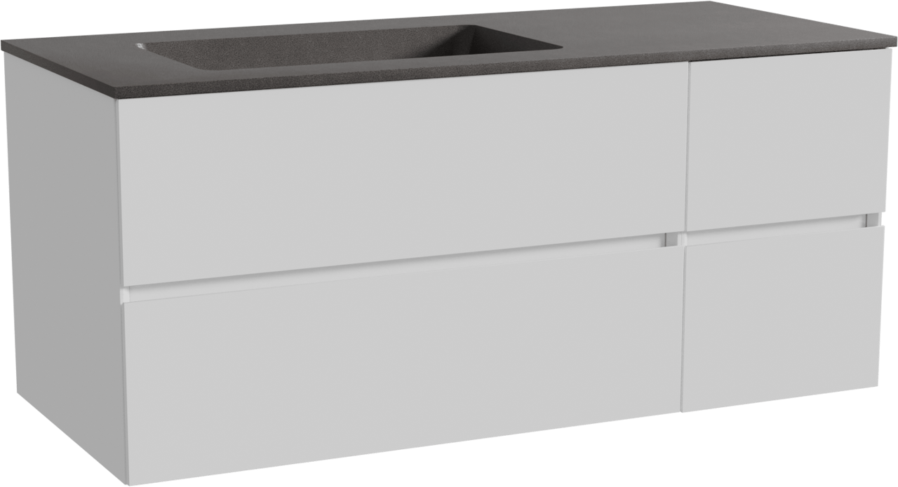 Storke Edge meuble salle de bains suspendu 120 x 52 cm blanc brillant avec Scuro plan vasque asymétrique à gauche en quartz noir mat