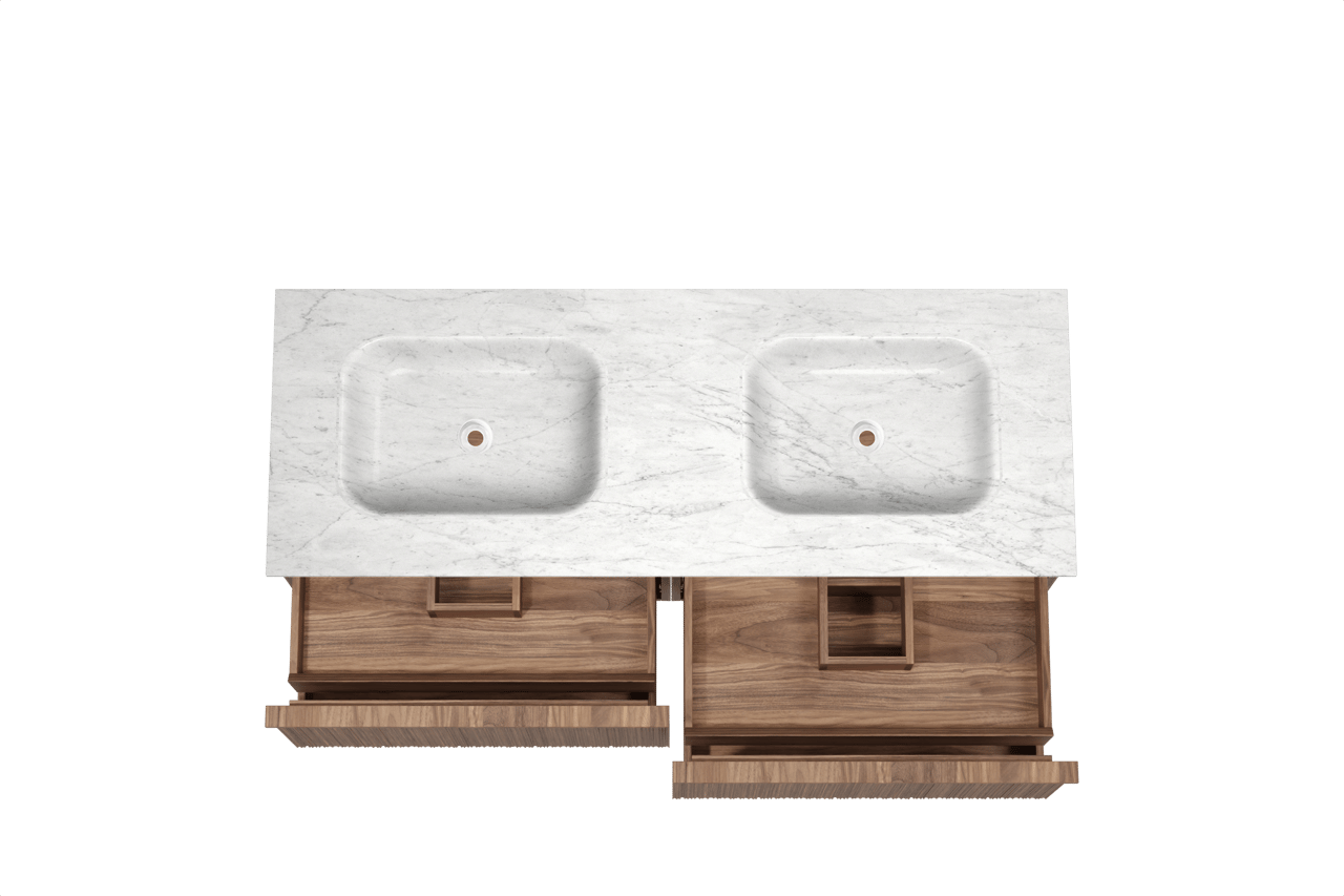 Balmani Forma zwevend badmeubel 150 x 55 cm amerikaans notenhout met Tablo Arcato dubbele wastafel in marmer carrara, Verticale asymmetrische ronde ribbel