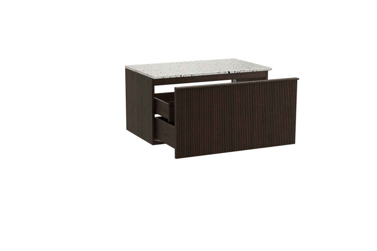 Balmani Forma zwevend badkamermeubel 90 x 55 cm gerookte eik met Stretto enkel tablet in mat wit/zwart terrazzo, Verticale symmetrische rechte ribbel