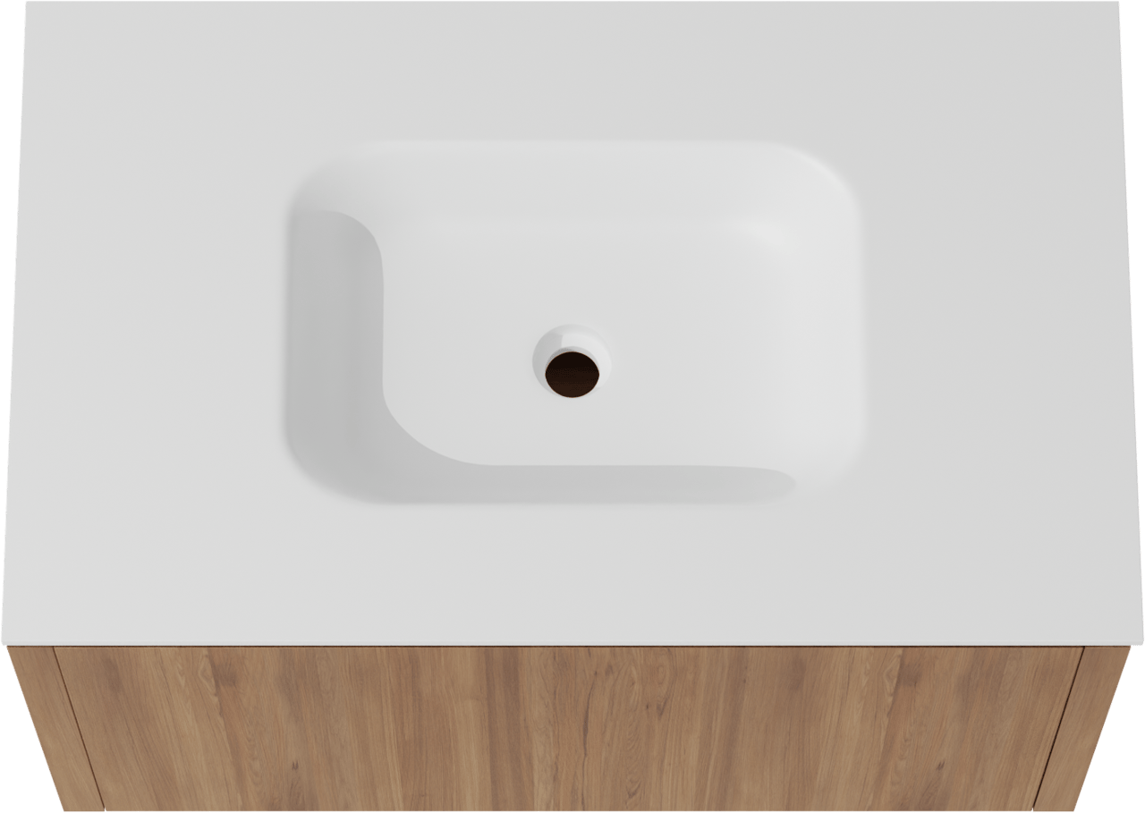 Balmani Eclips zwevend badkamermeubel 90 x 55 cm Teak met Tablo Arcato enkele wastafel in Solid Surface mat wit