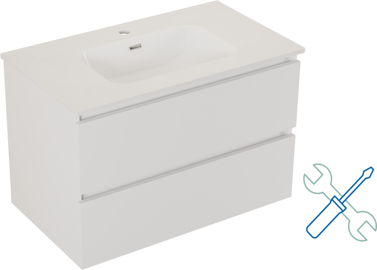 SanyOne Eli meuble salle de bains à assembler suspendu 80 x 46 cm blanc mat avec Baro plan simple en porcelaine blanc brillant