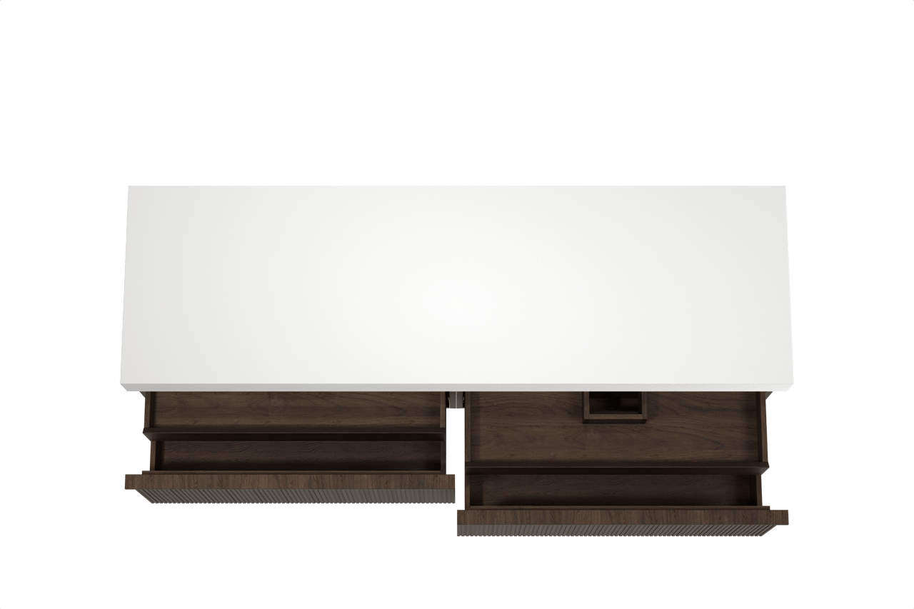 Balmani Forma zwevend badkamermeubel 180 x 55 cm gerookte eik met Dominus enkel of dubbel tablet in solid surface mat wit, Verticale symmetrische rechte ribbel
