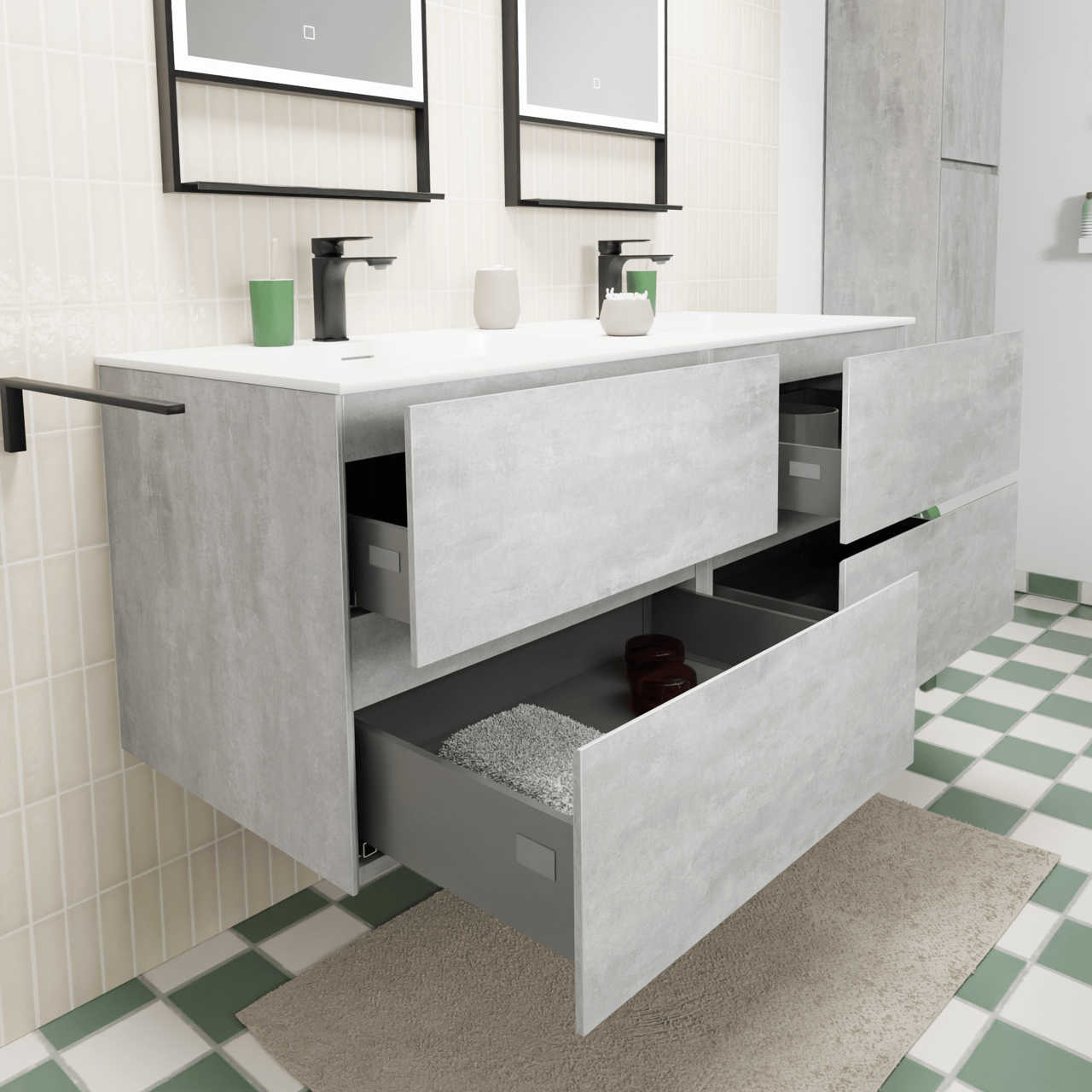 Storke Edge zwevend badkamermeubel 130 x 52 cm beton donkergrijs met Mata dubbele wastafel in solid surface mat wit