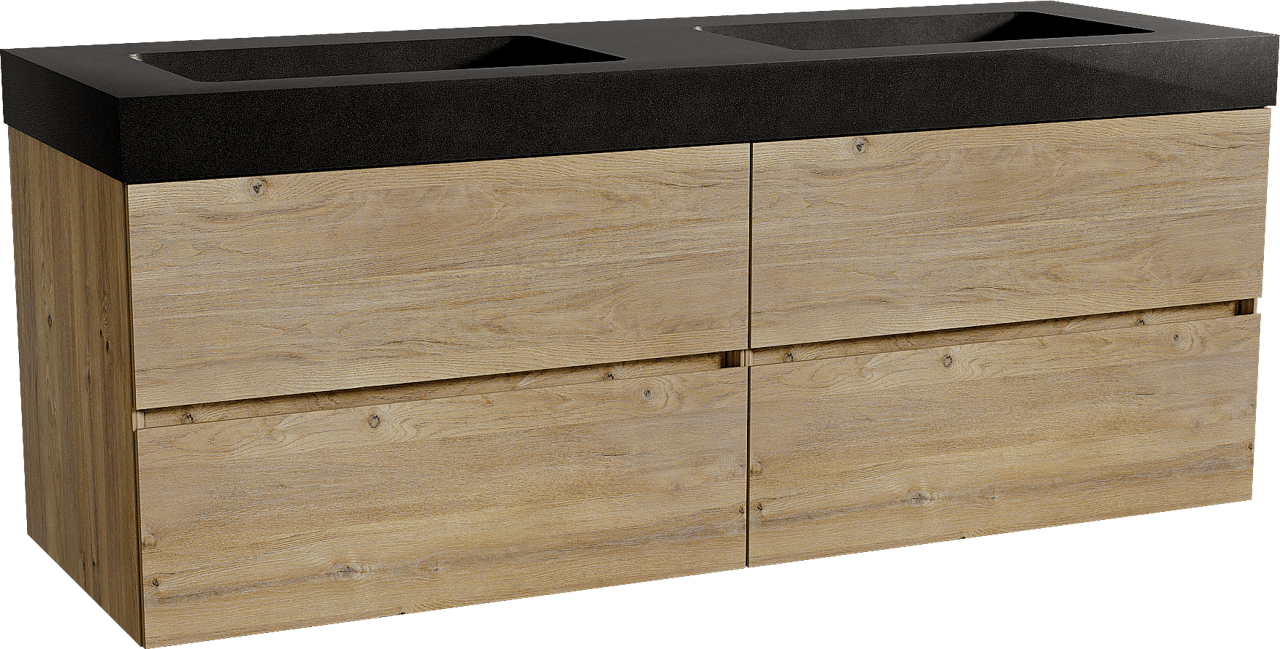 Storke Edge zwevend badmeubel 150 x 52 cm ruw eiken met Scuro High dubbele wastafel in kwarts mat zwart