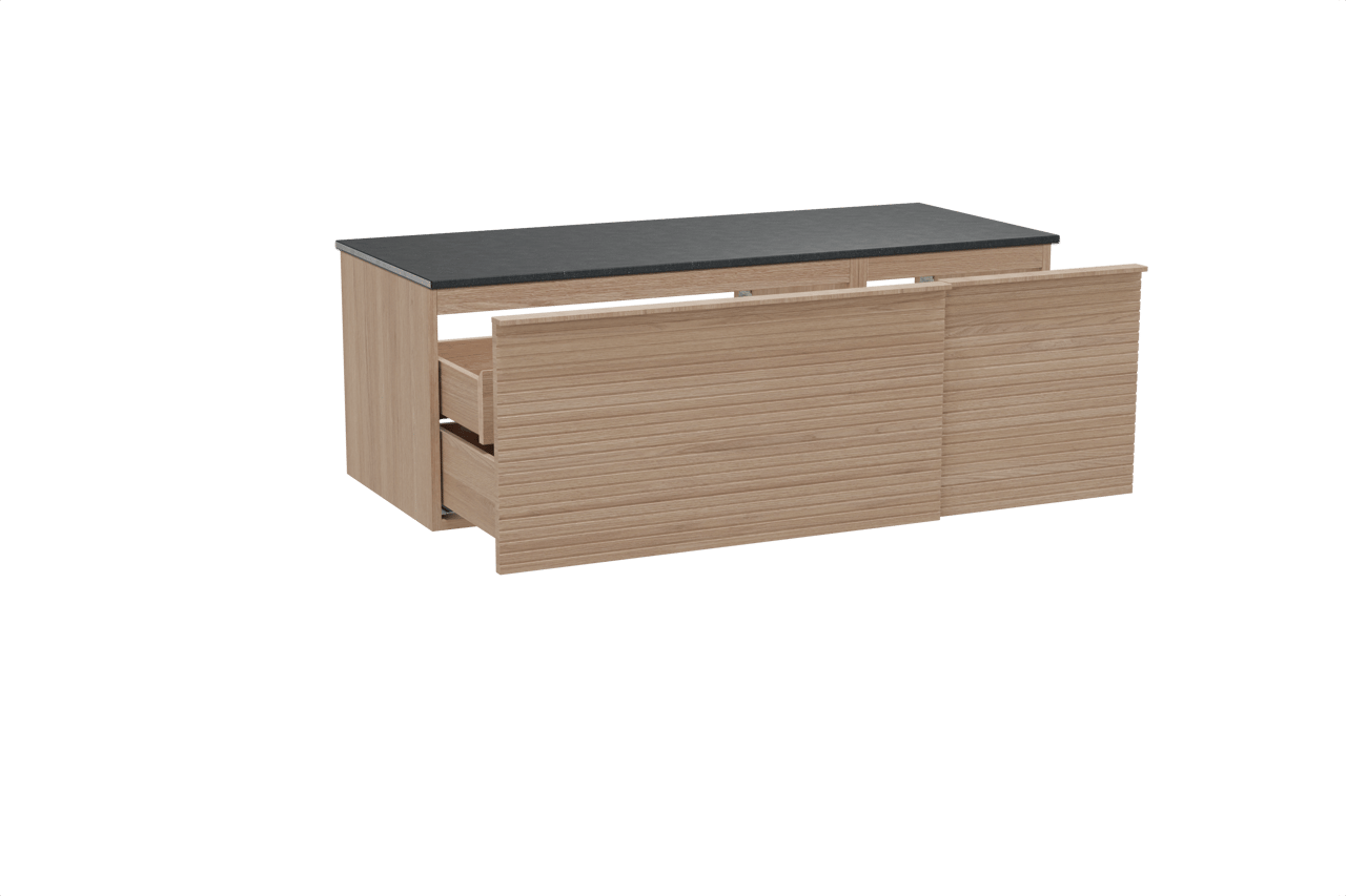 Balmani Forma zwevend badmeubel 135 x 55 cm naturel eiken met Stretto enkel of dubbel wastafelblad in zwart graniet, Horizontale symmetrische rechte ribbel
