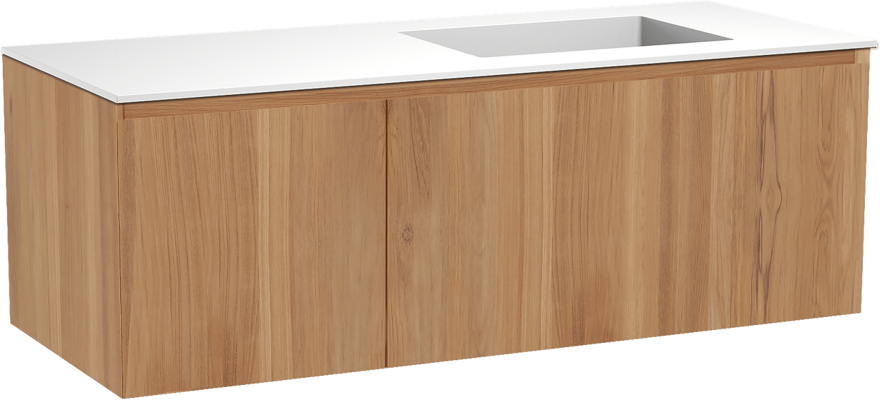Balmani Idra by Mitra zwevend badmeubel 135 x 55 cm teakhout met Tablo Stretto asymmetrisch rechtse wastafel in solid surface mat wit