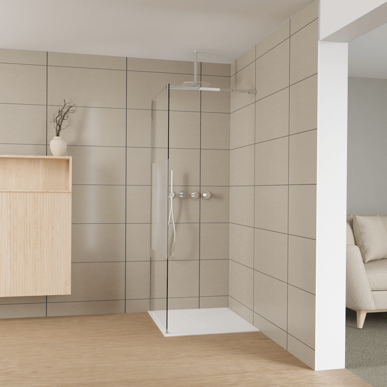 Balmani Modular inloopdouche: 90 x 200 cm, Helder glas met matte strook, Hoogglans chroom profielen
