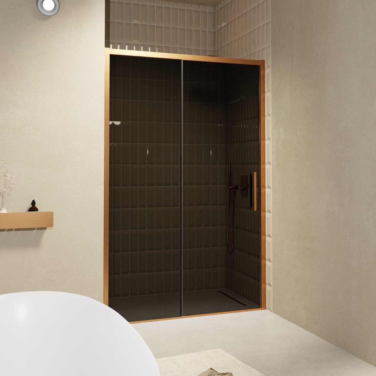 Balmani Senses Design douche schuifdeur omkeerbaar 140 cm x 210 cm Rookglas, Brushed Rosegold profielen, met coating