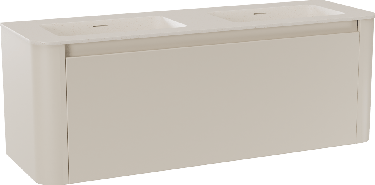 Storke Soft zwevend badkamermeubel 140 x 46 cm Sand mat met Mata Soft dubbele wastafel in solid surface beige granita