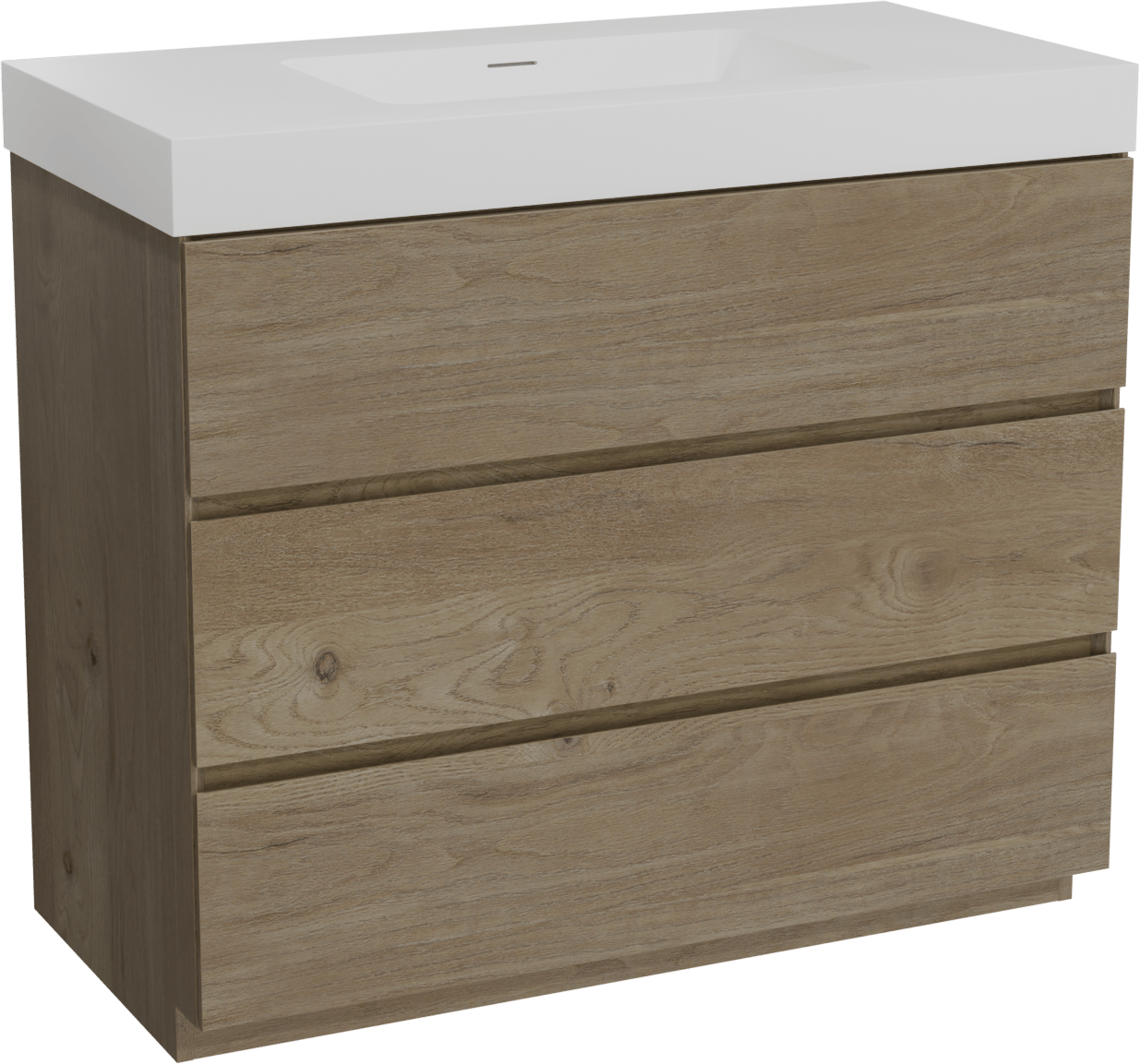 Storke Edge freistehendes Möbelstück Set: 105 x 52 cm, Rohe Eiche, mit Mata High Einzelwaschtisch, Solid Surface Weiß matt