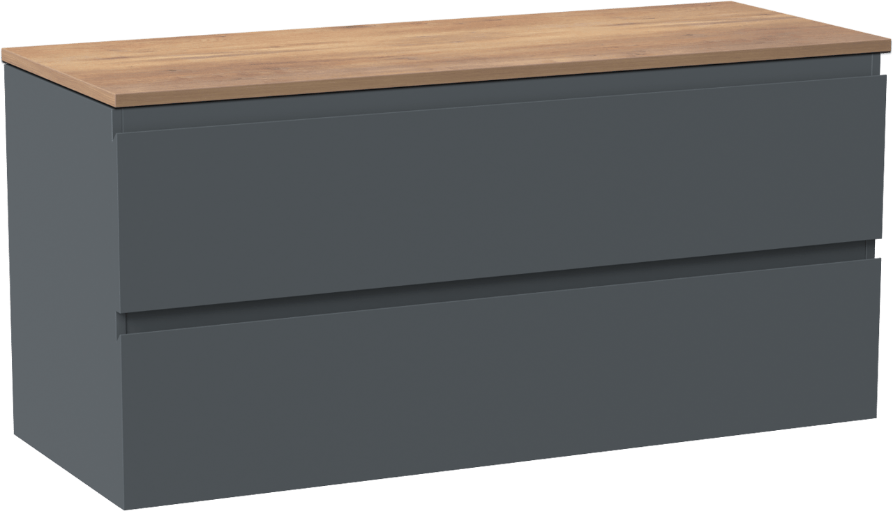 Linie Lado zwevend badmeubel 120 x 46 cm blauw antraciet met Lado enkel of dubbel wastafelblad in melamine naturel eiken