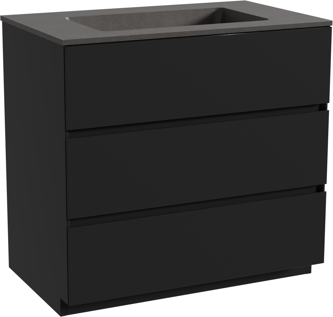 Storke Edge freistehendes Möbelstück Set: 85 x 52 cm, Schwarz matt, mit Scuro Einzelwaschtisch, Quarz Schwarz matt