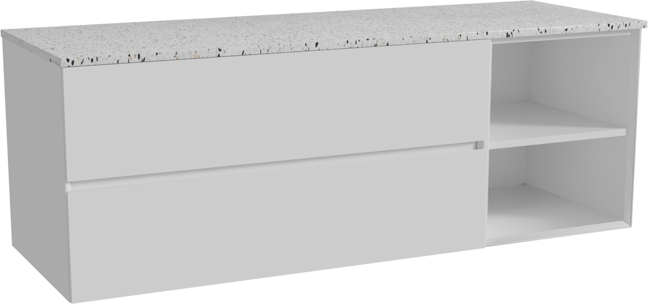 Storke Edge meuble salle de bains suspendu 150 x 52 cm blanc brillant avec Tavola tablette simple ou double en blanc/noir mat terrazzo