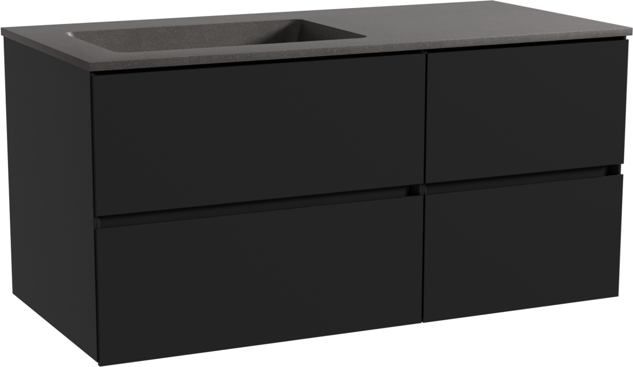 Storke Edge zwevend badmeubel 110 x 52 cm mat zwart met Scuro asymmetrisch linkse wastafel in kwarts mat zwart