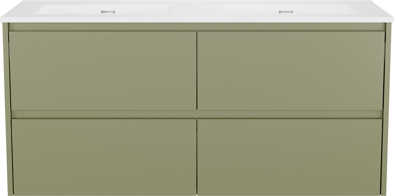 Storke Seda meuble salle de bains suspendu 130 x 52 cm vert olive avec Kera double vasque en porcelaine blanc mat, bondes incluses