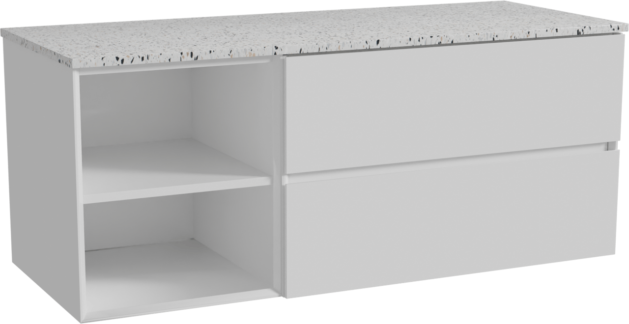 Storke Edge hängendes Möbelstück Set: 130 x 52 cm, Weiß glänzend, mit Tavola Einzel- oder Doppel Waschtischplatte, Terrazzo in Weiß/Schwarz matt