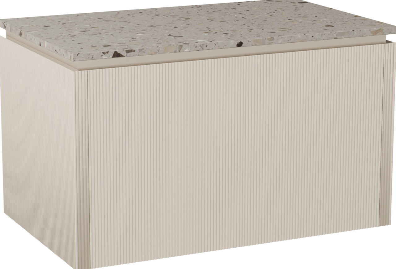 Balmani Eclips zwevend badkamermeubel 90 x 55 cm Sandbeige met Stretto enkel tablet in Greige terrazzo, Verticale symmetrische rechte ribbel