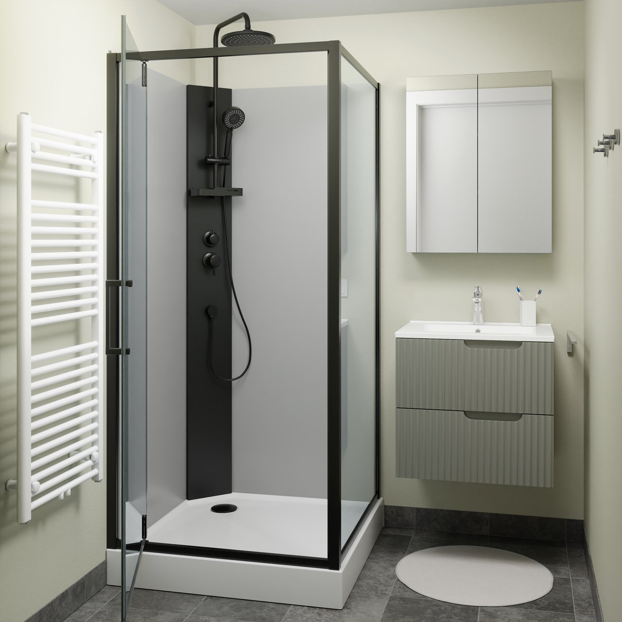 Linie Salta complete douchecabine met draaideuren 90 x 90 cm helder glas zwart profiel met kraan