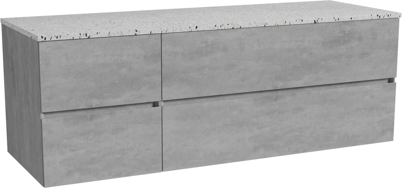 Storke Edge zwevend badkamermeubel 150 x 52 cm beton donkergrijs met Tavola enkel of dubbel tablet in mat wit/zwart terrazzo