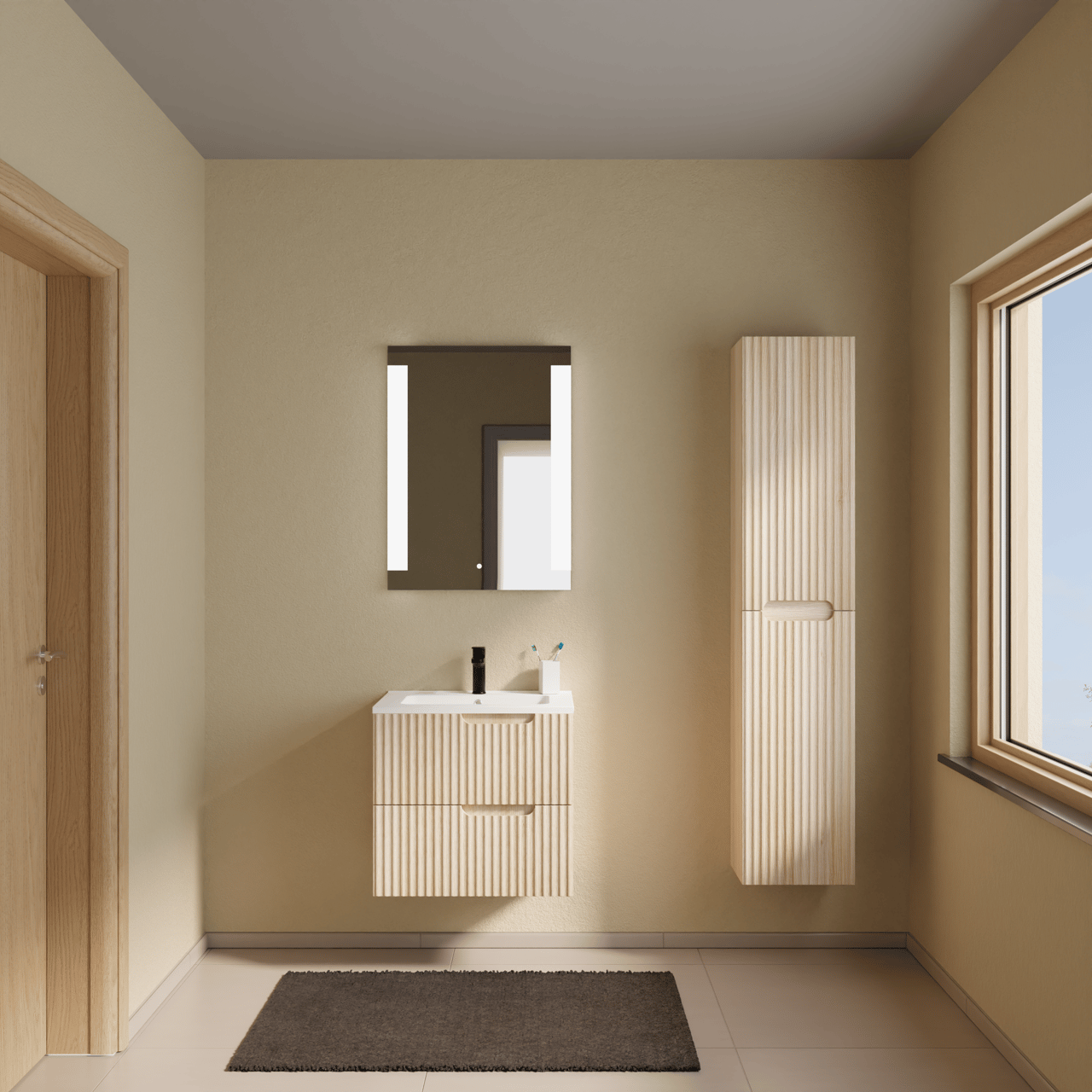Linie Ribbo zwevend badkamermeubel 60 x 46 cm lichte eik met Vano enkele wastafel in composietmarmer mat wit, Verticale symmetrische ronde ribbel