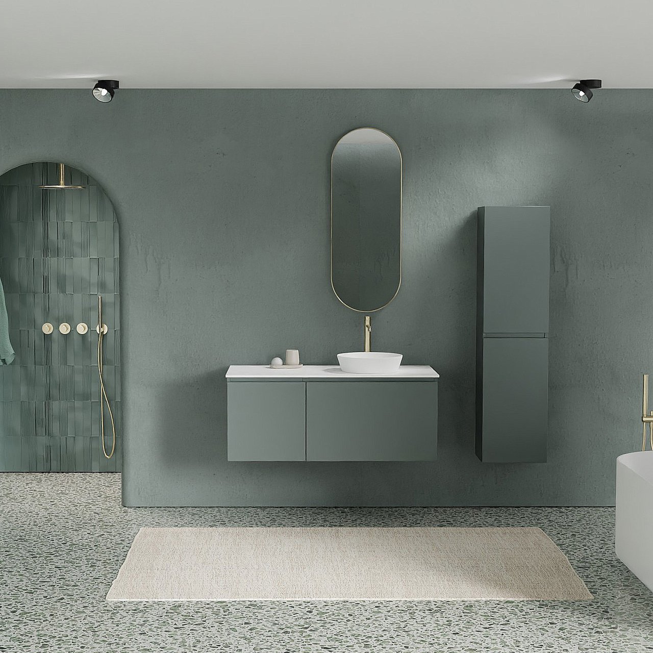Balmani Sfera by Lucida zwevend badmeubel 120 x 55 cm forest met Stretto enkel of dubbel wastafelblad in solid surface mat wit