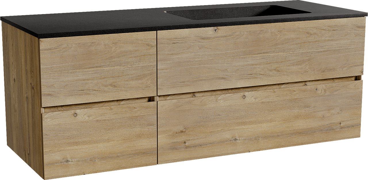 Storke Edge meuble salle de bains suspendu 140 x 52 cm chêne brut avec Scuro plan vasque asymétrique à droite en quartz noir mat