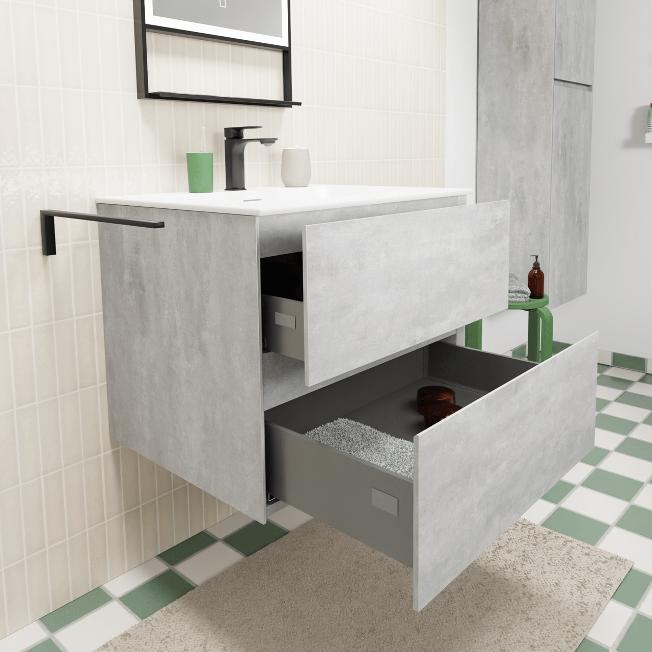 Storke Edge zwevend badkamermeubel 65 x 52 cm beton donkergrijs met Mata enkele wastafel in solid surface mat wit