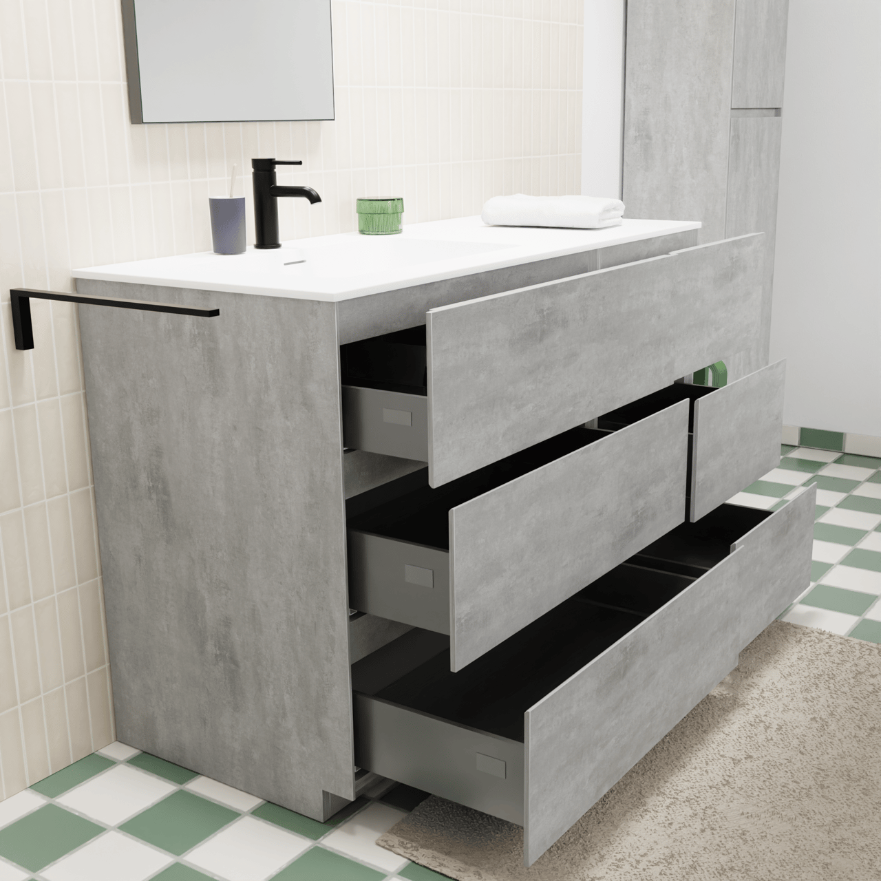 Storke Edge staand badkamermeubel 120 x 52 cm beton donkergrijs met Mata asymmetrisch linkse wastafel in solid surface mat wit