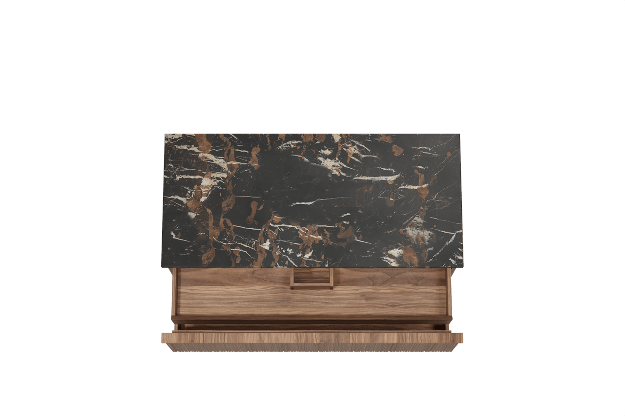 Balmani Forma zwevend badkamermeubel 120 x 55 cm amerikaanse notelaar met Stretto enkel tablet in marmer portoro gold, Verticale asymmetrische ronde ribbel
