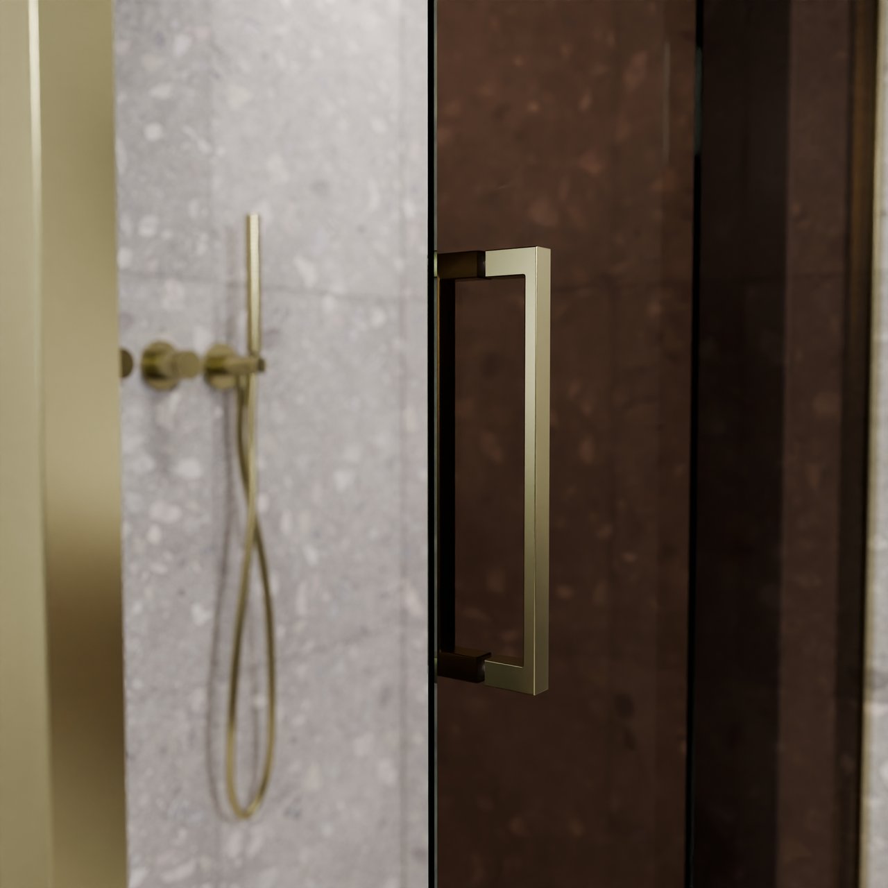 Balmani Senses Design douche d'angle avec porte coulissante à droite et paroi latérale fixe, 140 x 100 cm, Bronze, Profil Brushed Champagne Gold, coating inclus