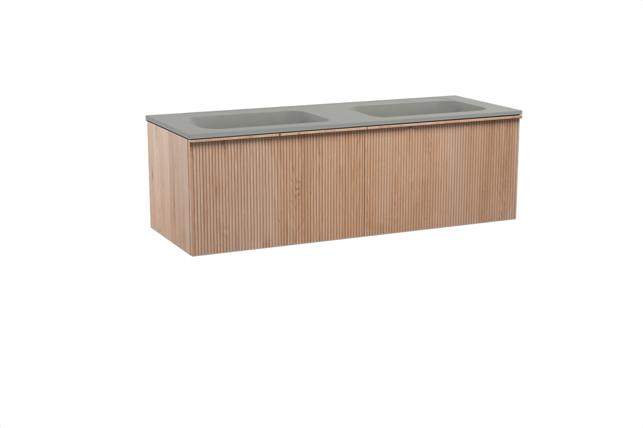 Balmani Forma zwevend badkamermeubel 150 x 55 cm natuur eik met Tablo Strada dubbele wastafel in composietmarmer zijdegrijs, Verticale symmetrische rechte ribbel