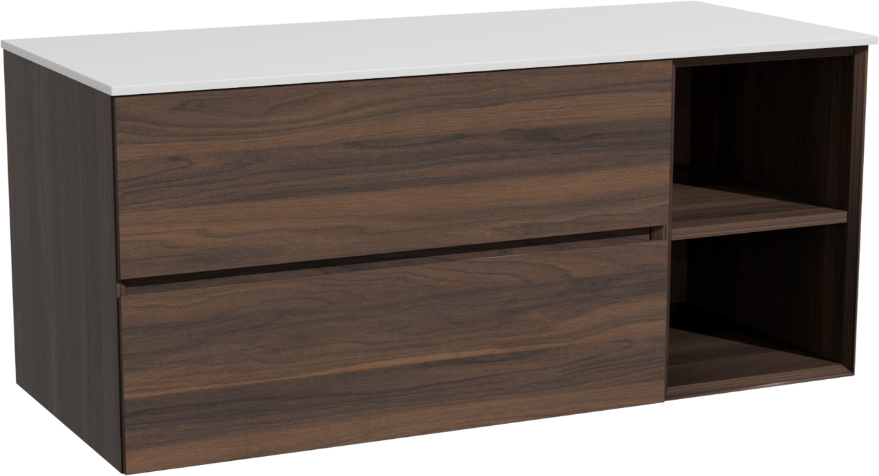 Storke Edge zwevend badkamermeubel 120 x 52 cm notelaar met Tavola enkel of dubbel tablet in solid surface mat wit