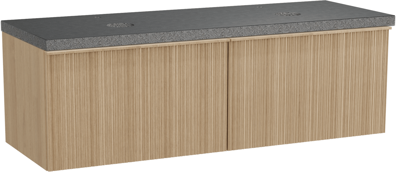 Balmani Forma zwevend badmeubel 150 x 55 cm naturel eiken met Rock dubbel wastafelblad in zwart graniet, Verticale asymmetrische ronde ribbel