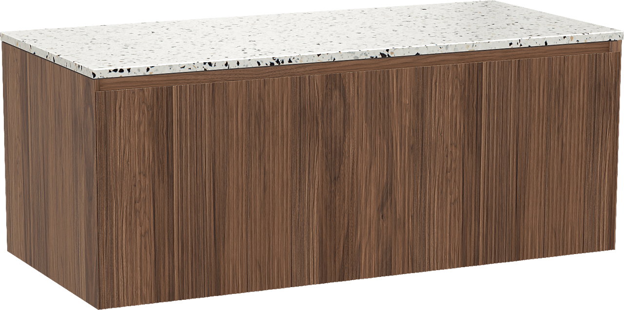 Balmani Fila by Mitra meuble salle de bains suspendu 120 x 55 cm noyer avec Stretto tablette simple ou double en blanc/noir mat terrazzo, Nervure droite symétrique verticale