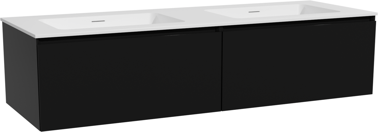 Storke Edge zwevend badkamermeubel 150 x 52 cm mat zwart met Mata dubbele wastafel in solid surface mat wit