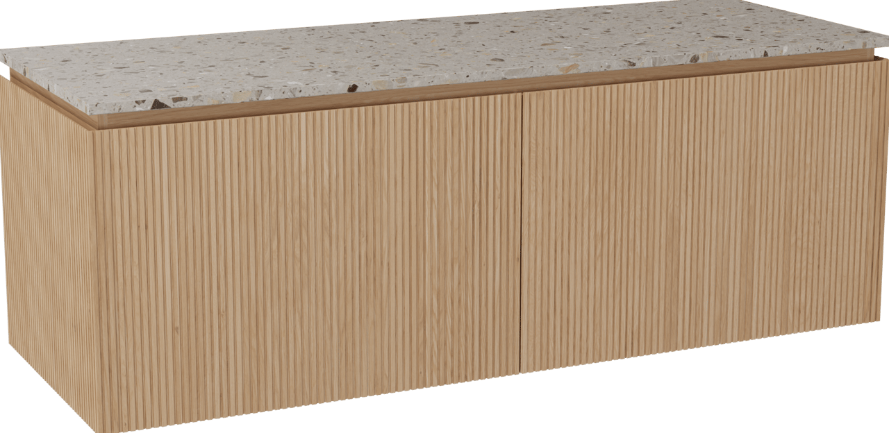 Balmani Eclips zwevend badmeubel 150 x 55 cm Natuur eiken met Stretto enkel of dubbel wastafelblad in Greige terrazzo, Verticale symmetrische rechte ribbel