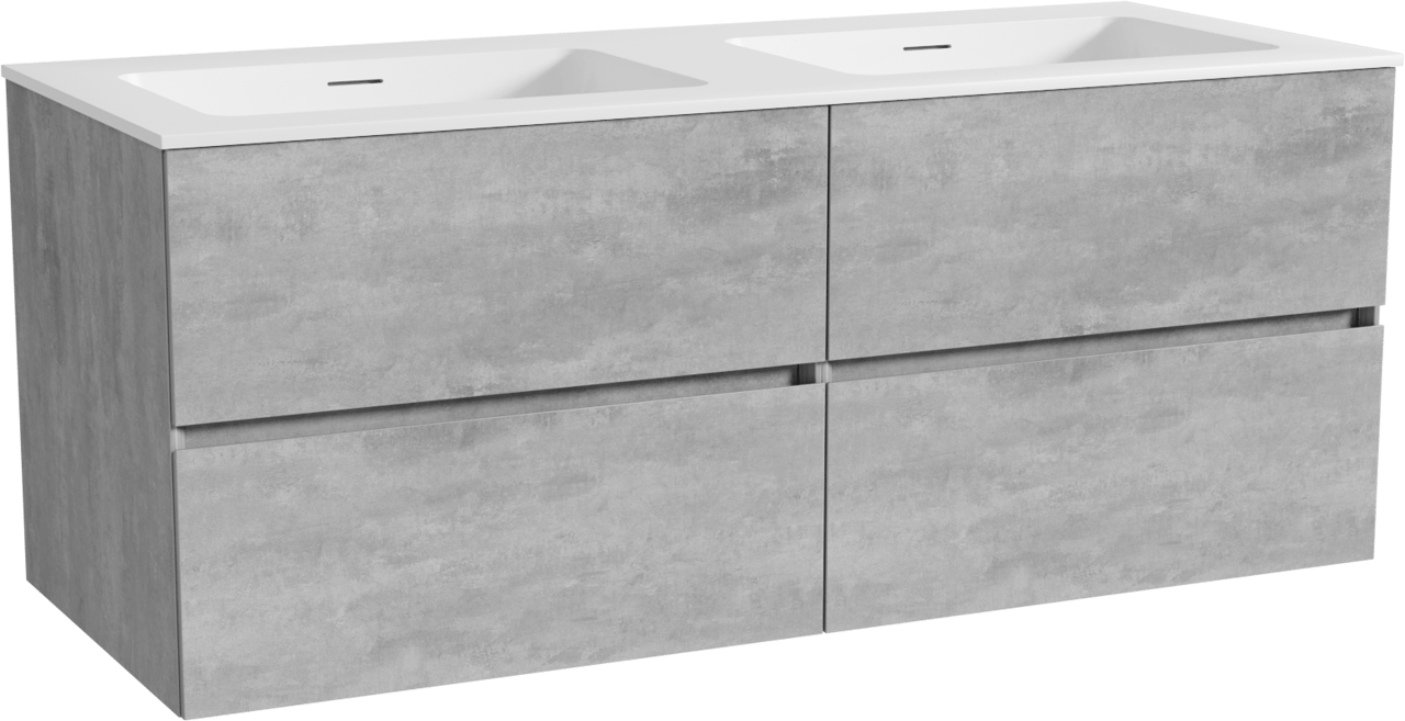Storke Edge zwevend badkamermeubel 130 x 52 cm beton donkergrijs met Mata dubbele wastafel in solid surface mat wit