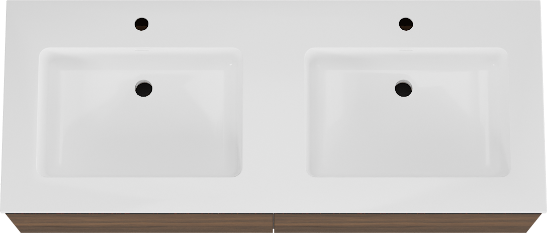 Storke Edge meuble salle de bains suspendu 130 x 52 cm noyer avec Bilia double vasque en marbre composite blanc brillant