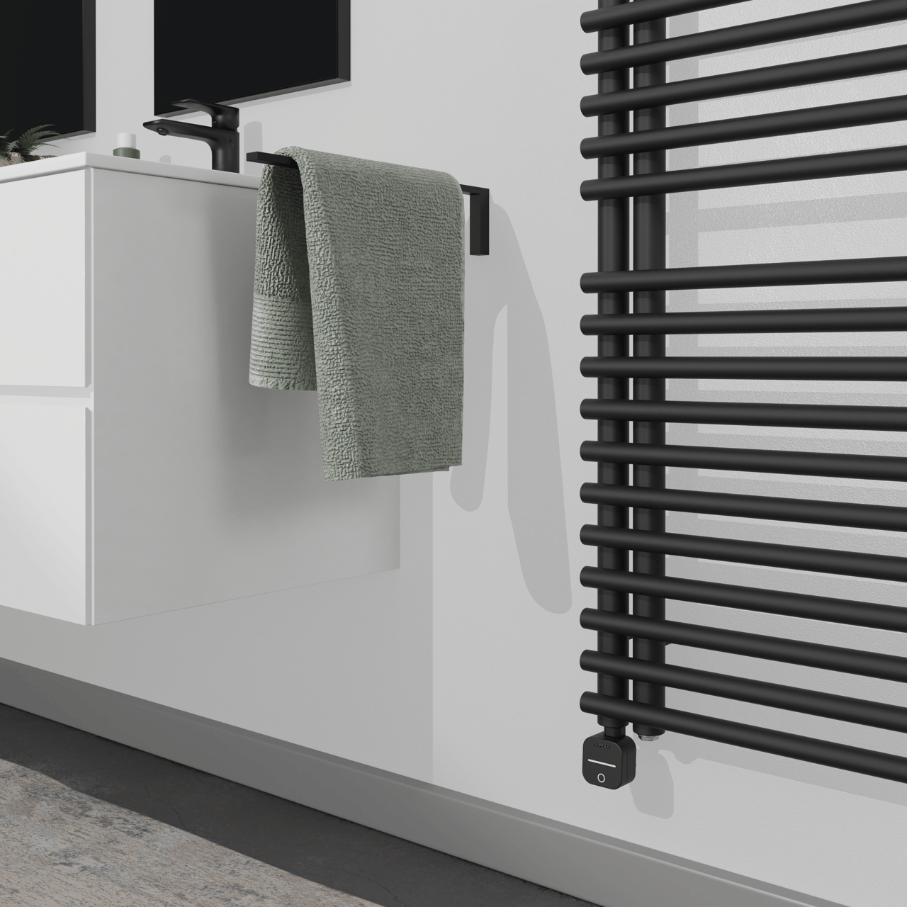 Vipera Nevada enkele handdoekradiator 50 x 180 cm elektrische verwarming mat zwart middenaansluiting 800W, weerstand inbegrepen