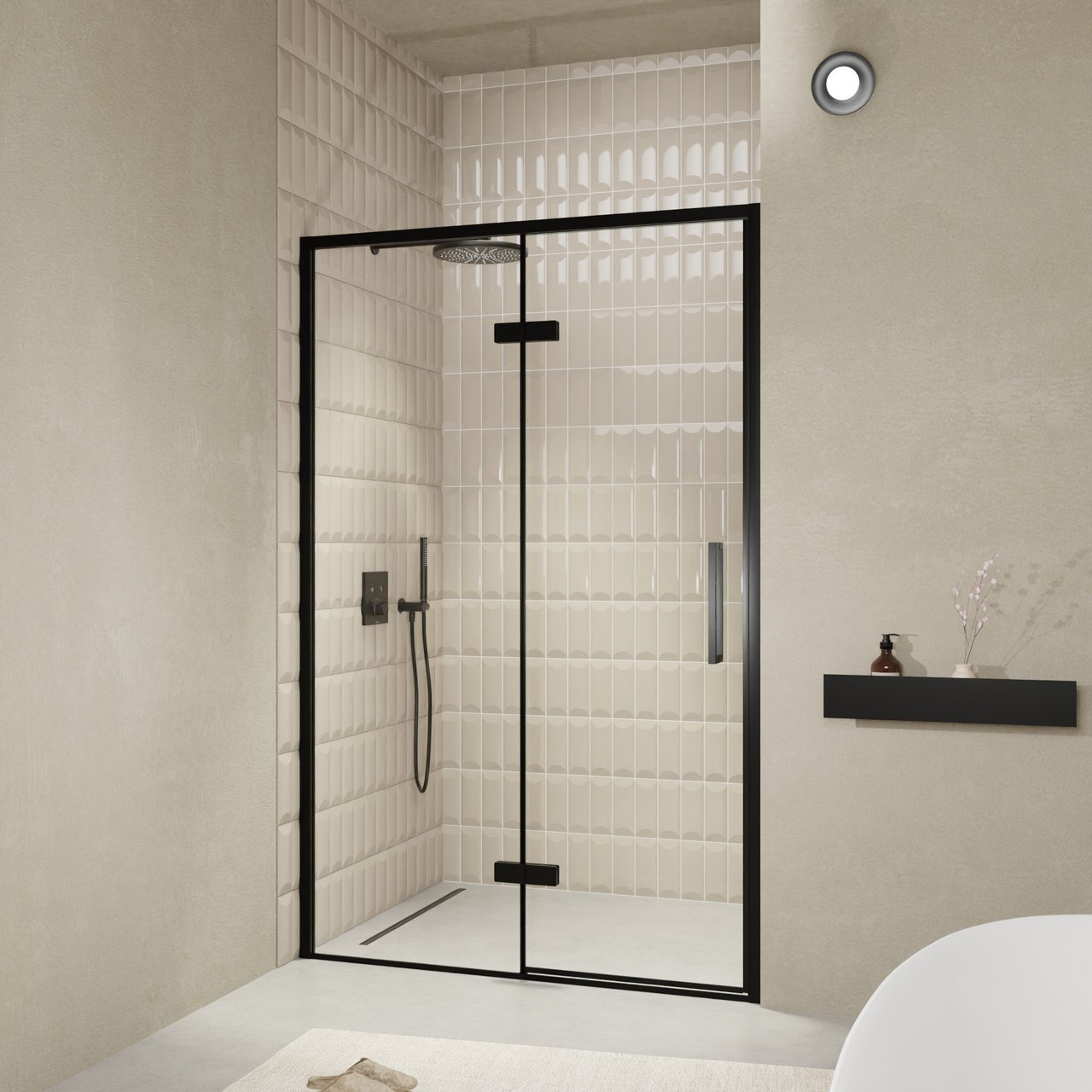 Balmani Senses Design douche draaideur links 140 cm x 210 cm Helder glas, Zwarte profielen, met coating