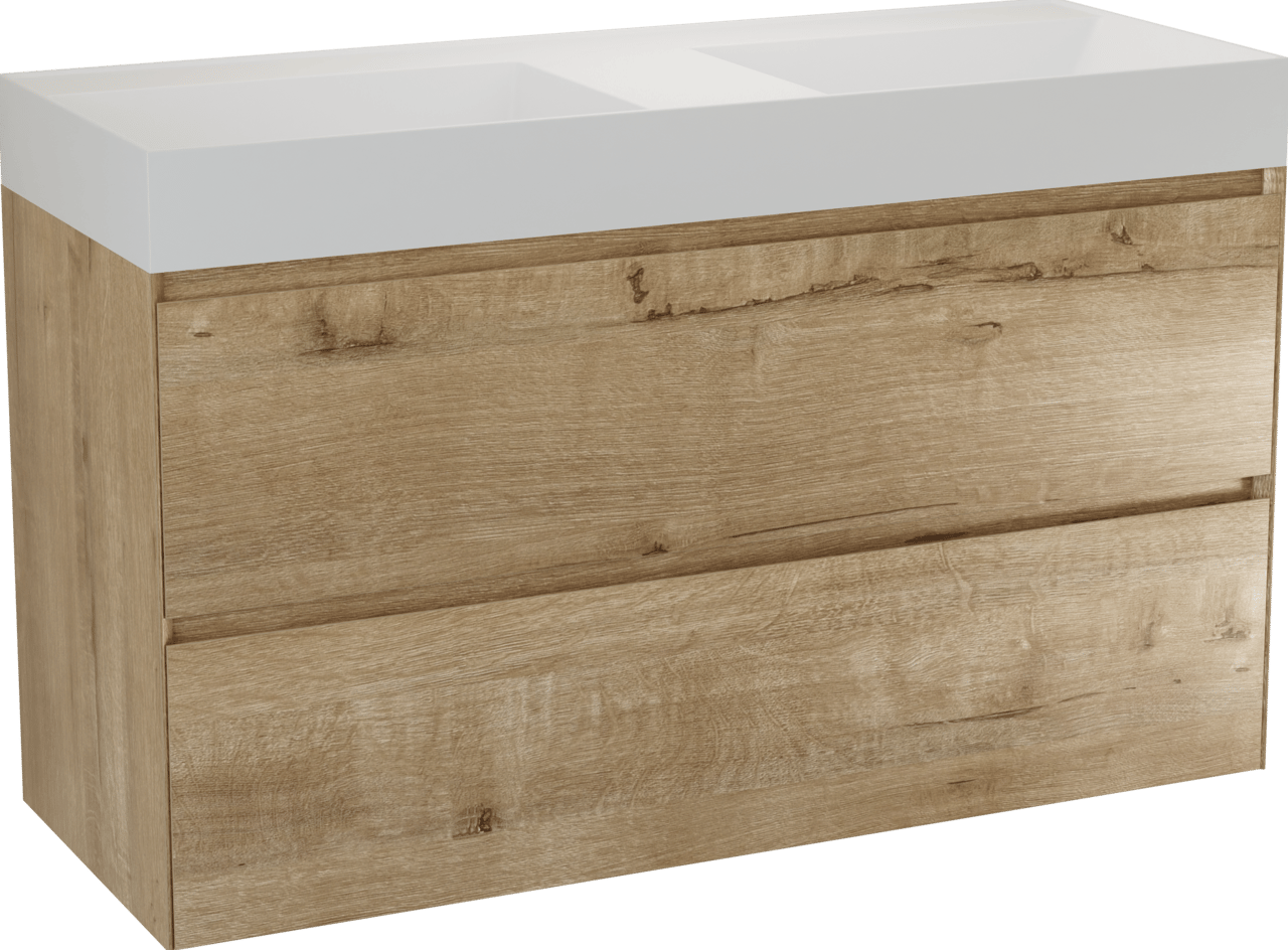 Balmani Mitra Compact zwevend badkamermeubel 120 x 46 cm ruwe eik met Argila dubbele wastafel in composietmarmer glanzend wit