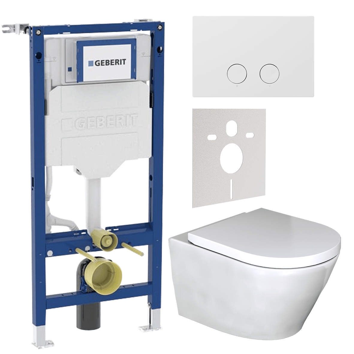 WC Set: Luca Varess Calibro Hänge WC, Weiß glänzend, spülrandlos, Geberit UP320 Systemfix Einbauspülkasten mit Luca Varess Betätigungsplatte