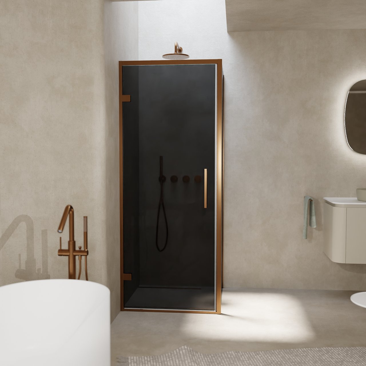 Balmani Senses Design douchehoek met linkse draaideur en vaste zijwand, 90 x 90 cm, Rookglas, Brushed Rosegold profielen