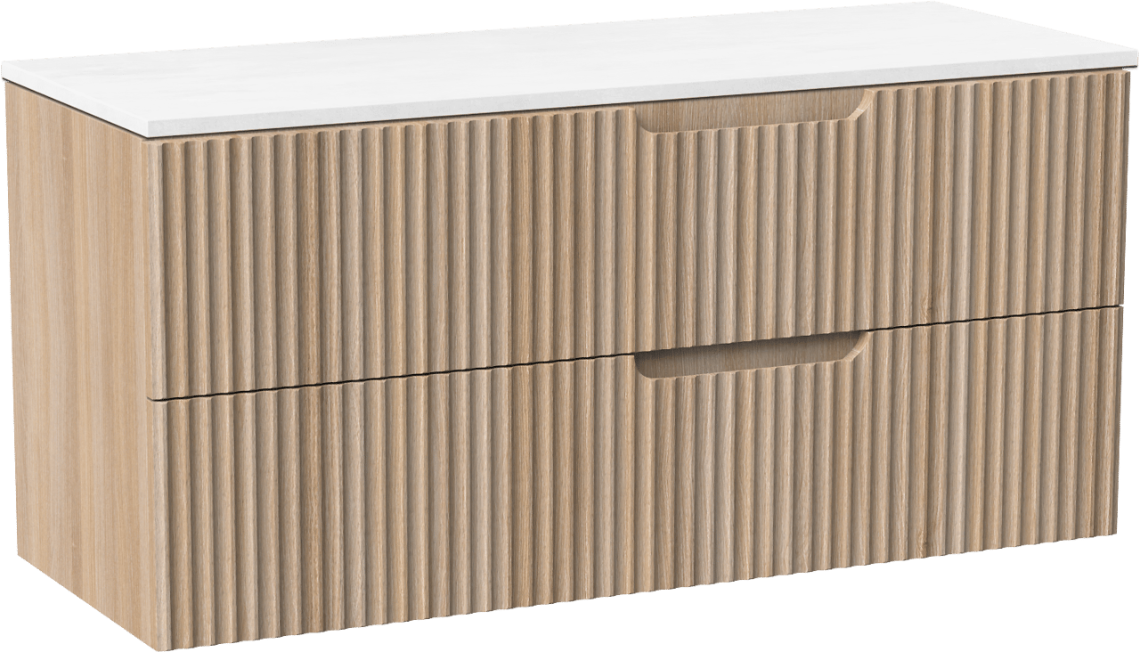 Linie Ribbo zwevend badkamermeubel 120 x 46 cm lichte eik met Lado dubbel tablet in composietmarmer glanzend wit, Verticale symmetrische ronde ribbel