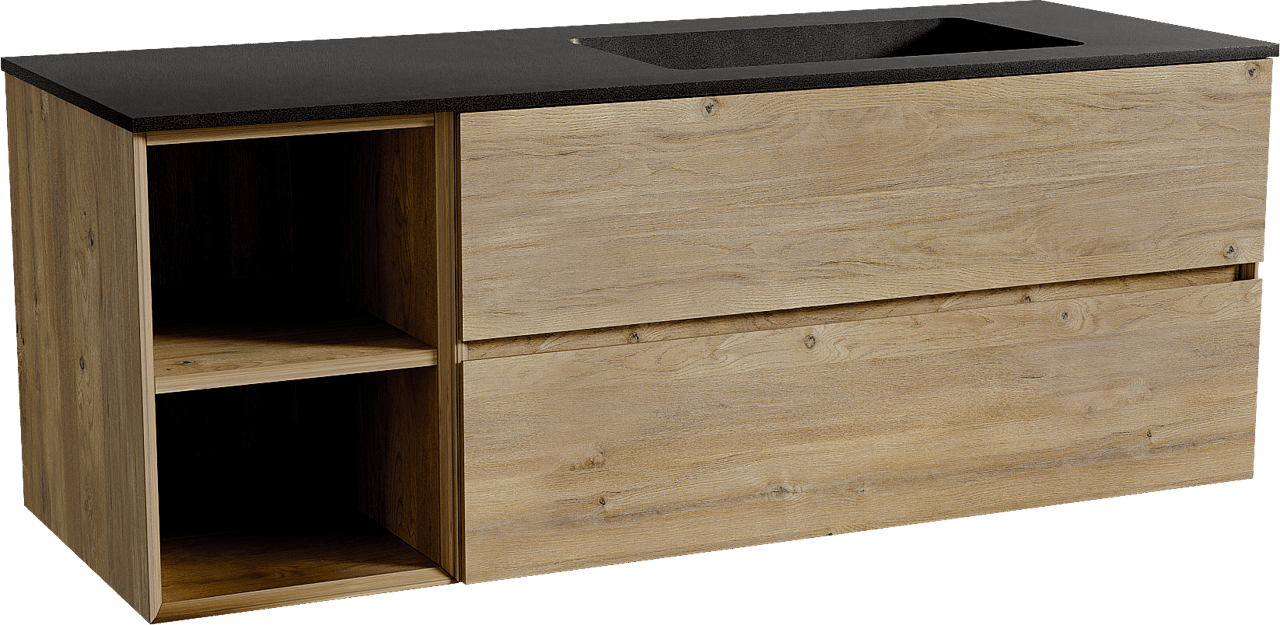 Storke Edge zwevend badmeubel 140 x 52 cm ruw eiken met Scuro asymmetrisch rechtse wastafel in kwarts mat zwart