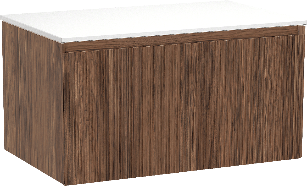 Balmani Fila by Mitra meuble salle de bains suspendu 90 x 55 cm noyer avec Stretto tablette simple en solid surface blanc mat, Nervure droite symétrique verticale