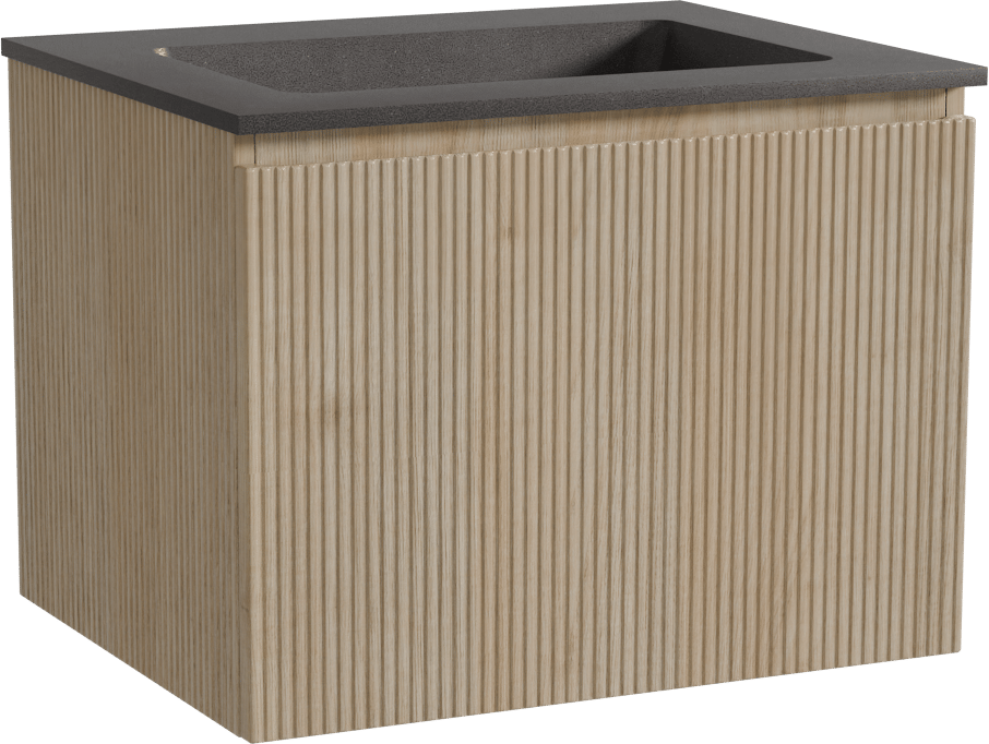 Storke Ribs zwevend badmeubel 65 x 52 cm ruw eiken met Scuro enkele wastafel in kwarts mat zwart, Verticale symmetrische rechte ribbel